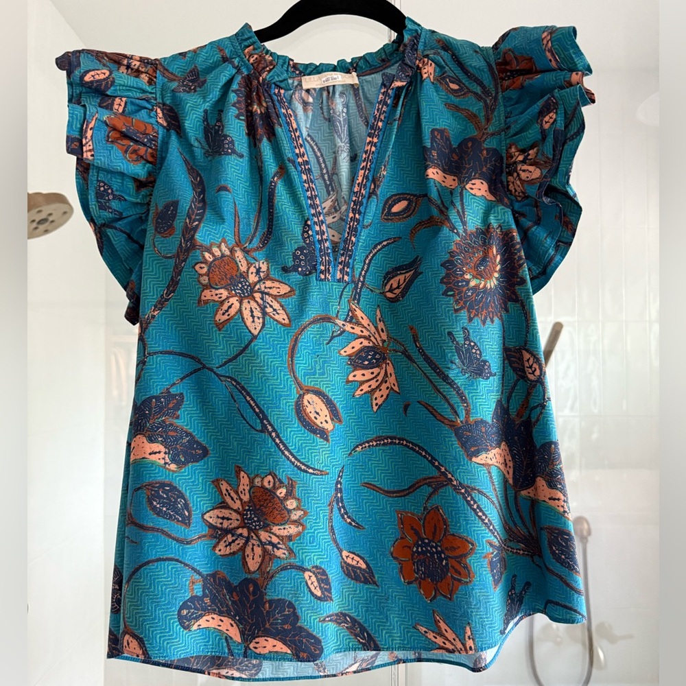 Ulla Johnson Floral Ruffle Sleeve Top - Blue and Orange